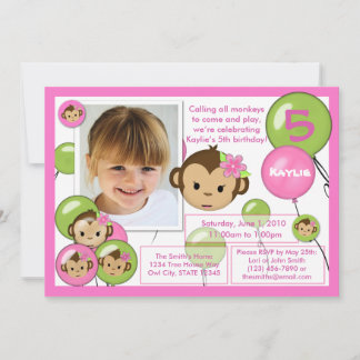 Monkey birthday invitation pink green lime (photo)