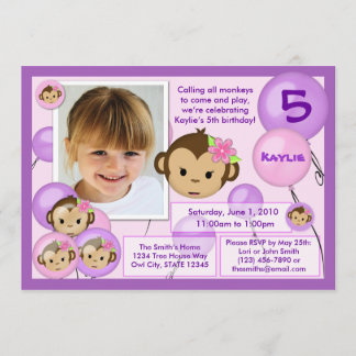Monkey birthday invitation purple pink (photo)