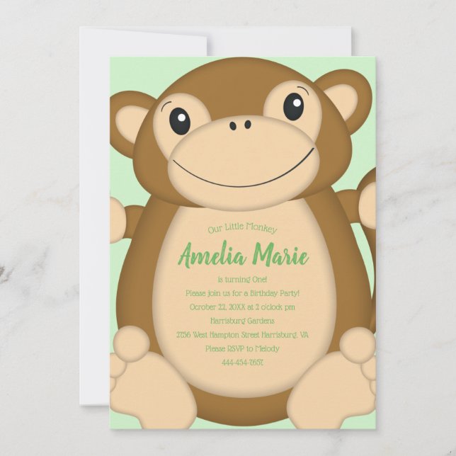 Monkey Birthday Party Green Invitation (Front)