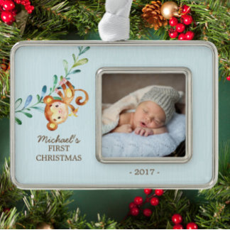 Monkey Boys Baby's First Christmas Photo Ornament