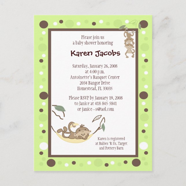 Monkey Business Green and Brown dot invitation (Front)