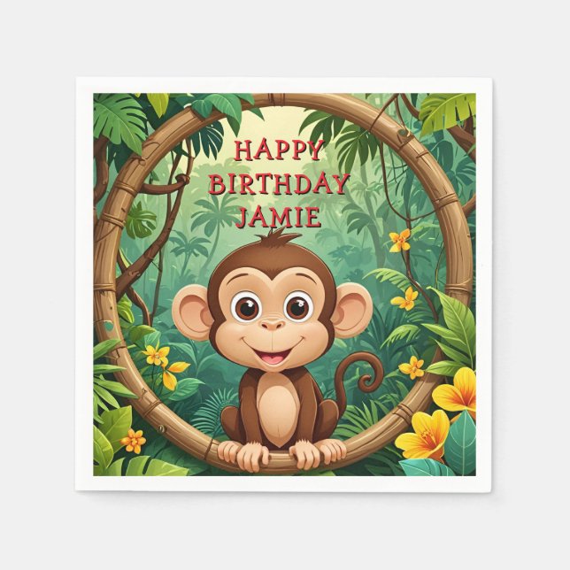"Monkey Cartoon Party NAPKIN – Custom Text Kids" (Front)