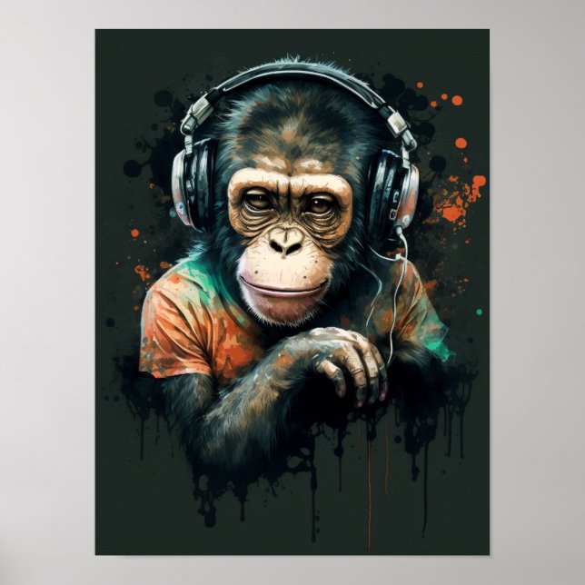 Monkey Chimp DJ with headphones , music lover. Poster (Front)