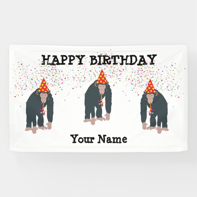 Monkey Chimpanzee Partying Animals Birthday Party Banner (Horizontal)