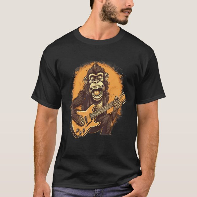 Monkey Chimpanzee Playing Acousitc Rock Guitar T-Shirt (Front)