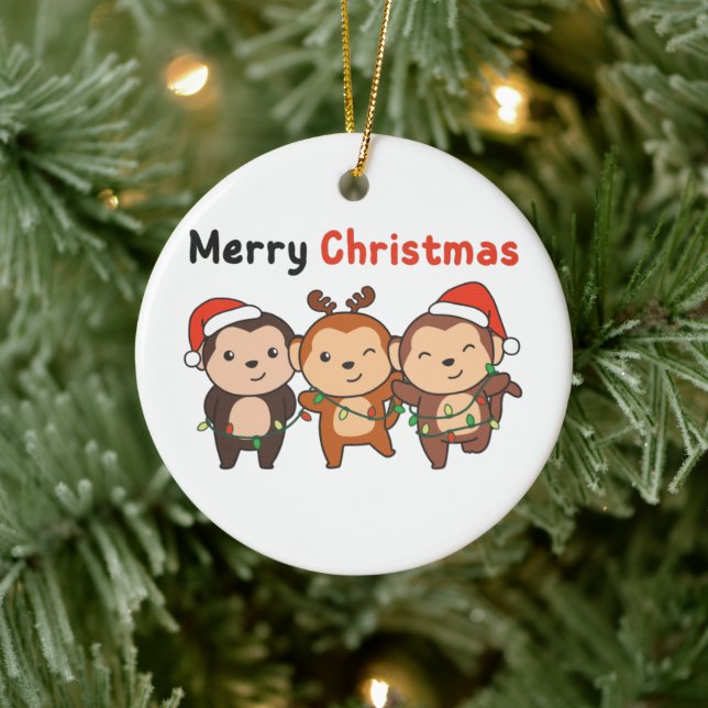 Monkey Christmas Animals Monkeys Merry Christmas C Ceramic Ornament (Tree)