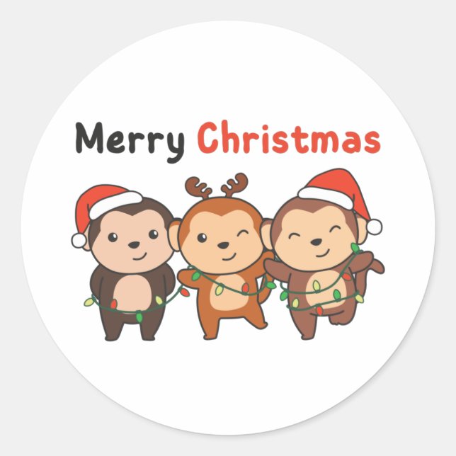 Monkey Christmas Animals Monkeys Merry Christmas Classic Round Sticker (Front)