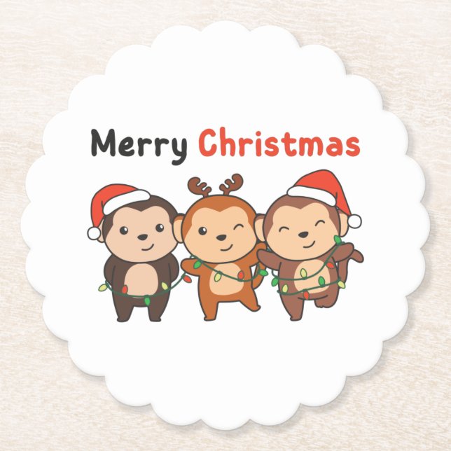 Monkey Christmas Animals Monkeys Merry Christmas Paper Coaster (Front)