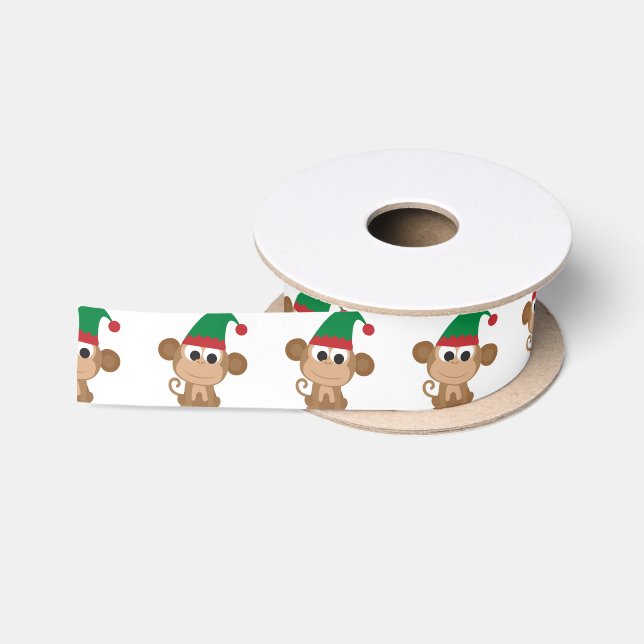Monkey Christmas Elf Satin Ribbon (Spool)
