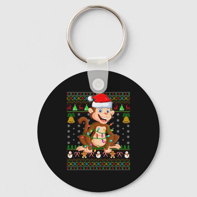 Monkey Christmas Lights Funny Monkey Ugly Sweaters Key Ring (Front)