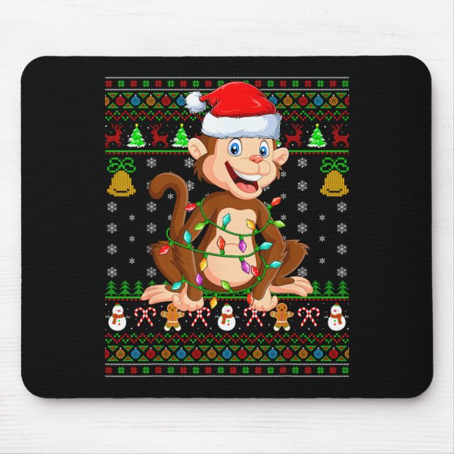 Monkey Christmas Lights Funny Monkey Ugly Sweaters Mouse Pad (Front)
