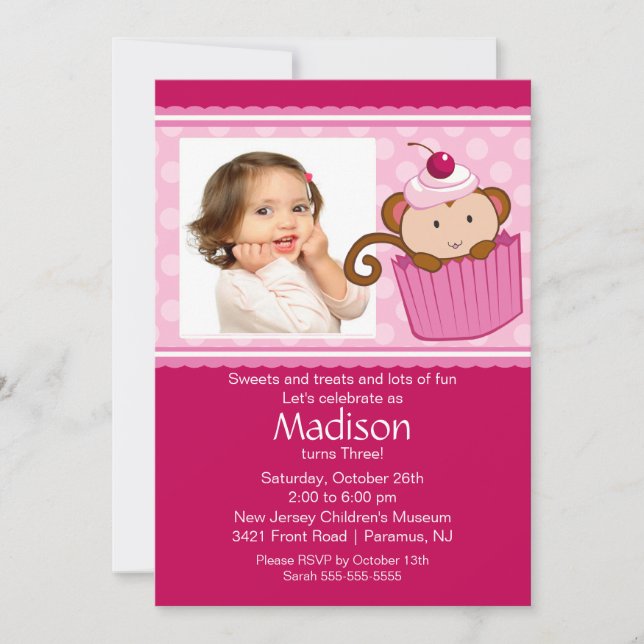 Monkey Cupcake Photo Birthday Invitation (Front)