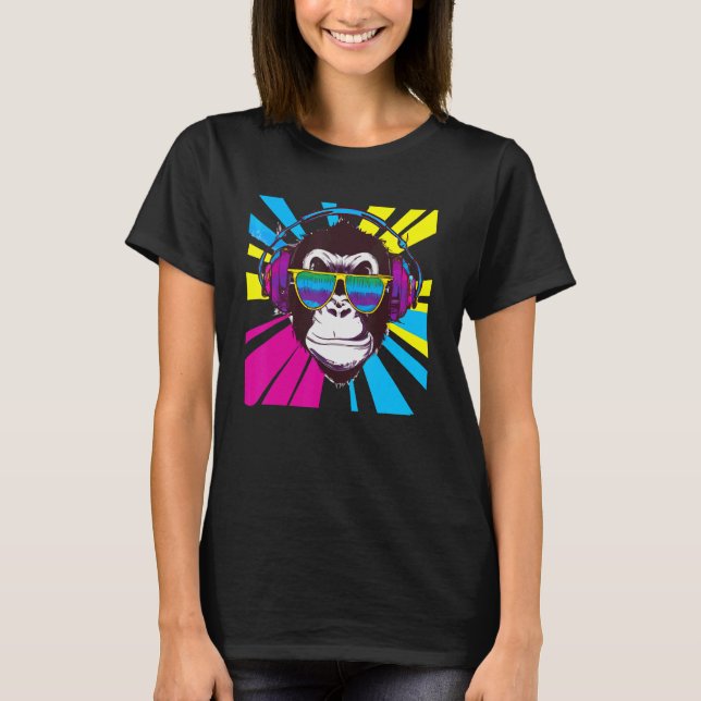 Monkey DJ with Headphones and Sunglasses T-Shirt (Front)