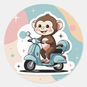Monkey driving a scooter classic round sticker