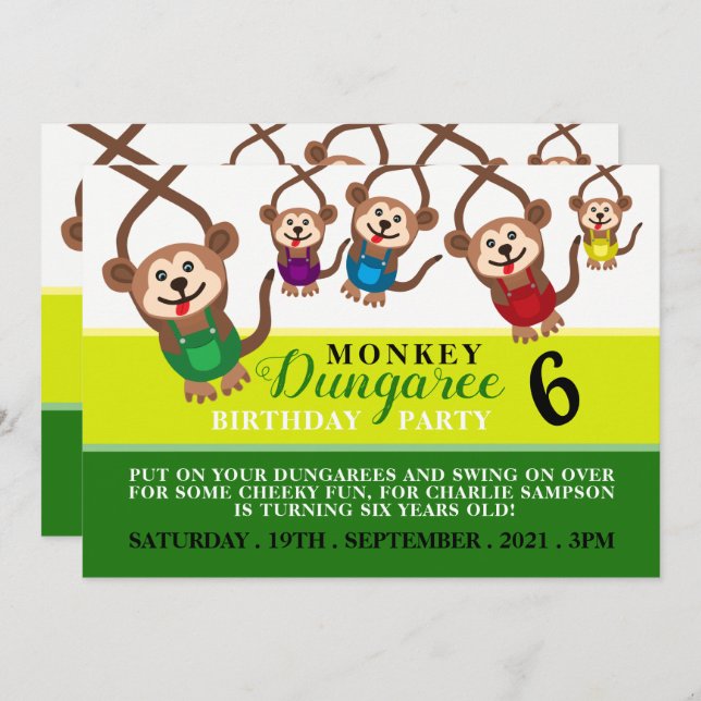 Monkey Dungaree, Kid's Birthday Party Invitation (Front/Back)