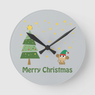 Monkey Elf Christmas Scene Round Clock