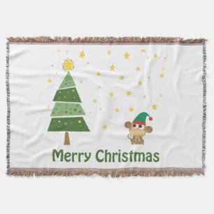 Monkey Elf Christmas Scene Throw Blanket