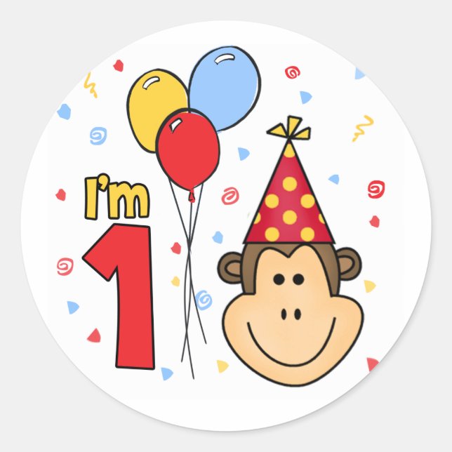 Monkey Face First Birthday Classic Round Sticker (Front)