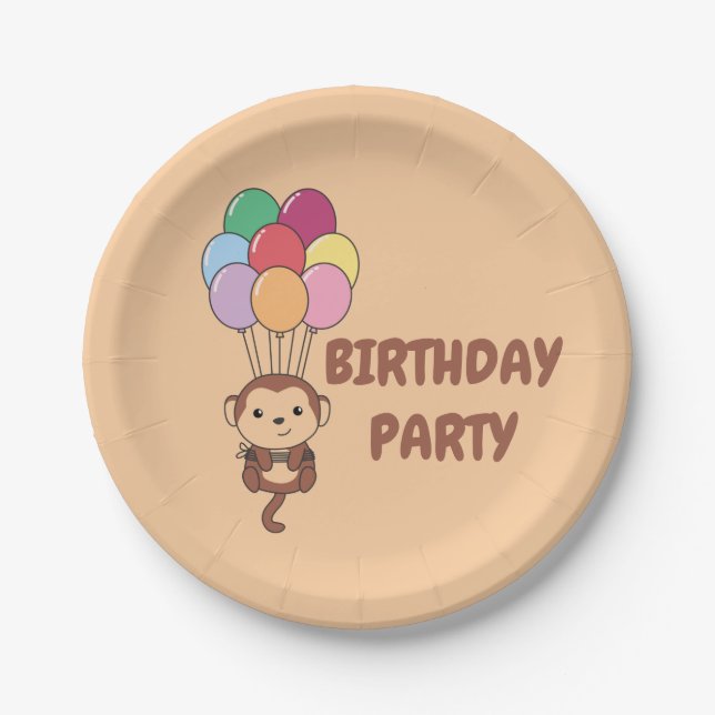 Monkey Flies Up With Colourful Balloons Card Paper Paper Plate (Front)