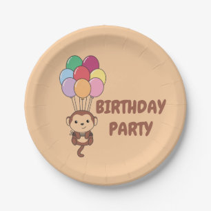 Monkey Flies Up With Colourful Balloons Card Paper Plate