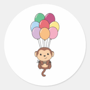 Monkey Flies Up With Colourful Balloons Classic Round Sticker