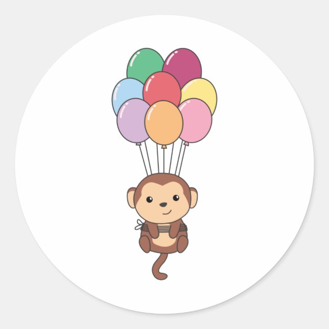Monkey Flies Up With Colourful Balloons Classic Round Sticker (Front)