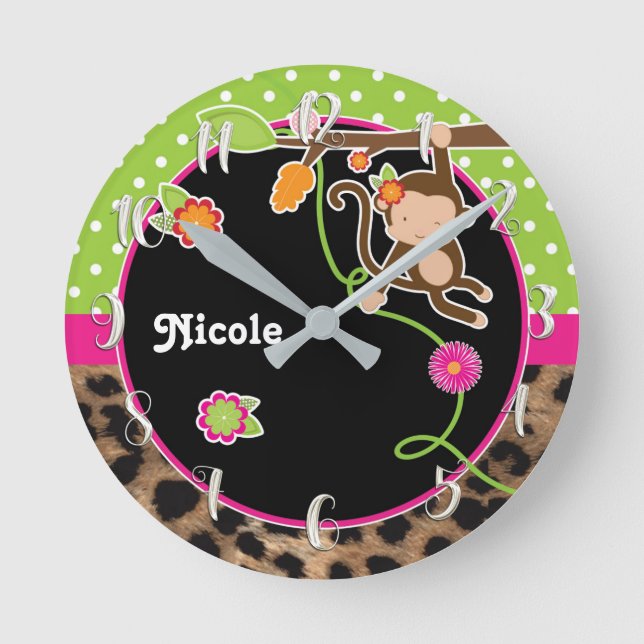 Monkey & Flowers Pink Green Safari Chic Customised Round Clock (Front)