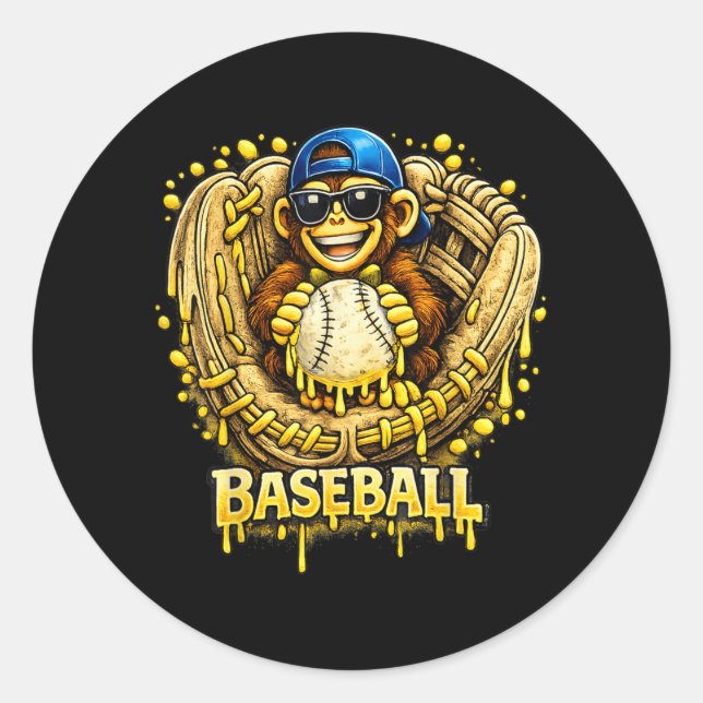 Monkey Funny Animals Baseball Ice Cream Drip Cool Classic Round Sticker (Front)