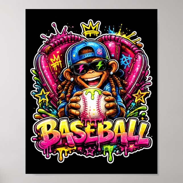 Monkey Funny Animals Baseball Ice Cream Drip Cool Poster (Front)