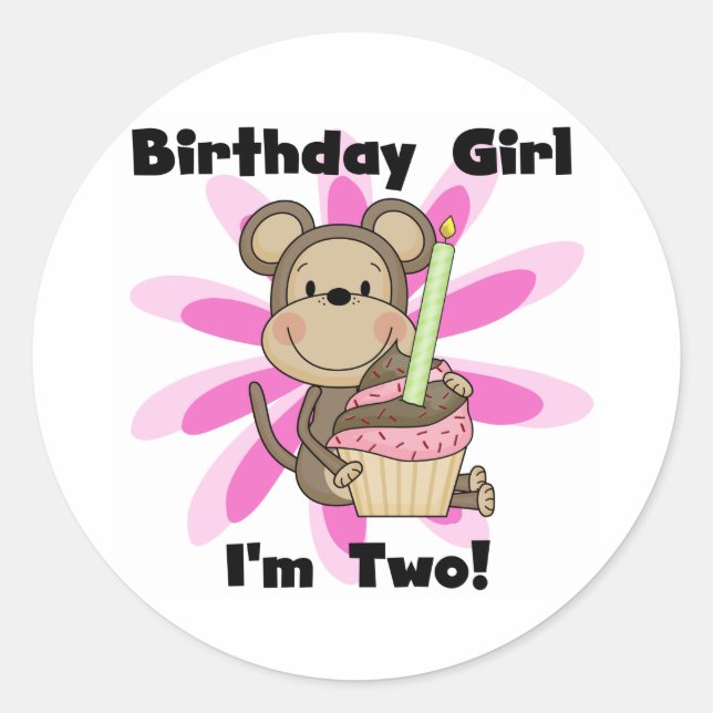 Monkey Girl 2nd Birthday Tshirts and Gifts Classic Round Sticker (Front)
