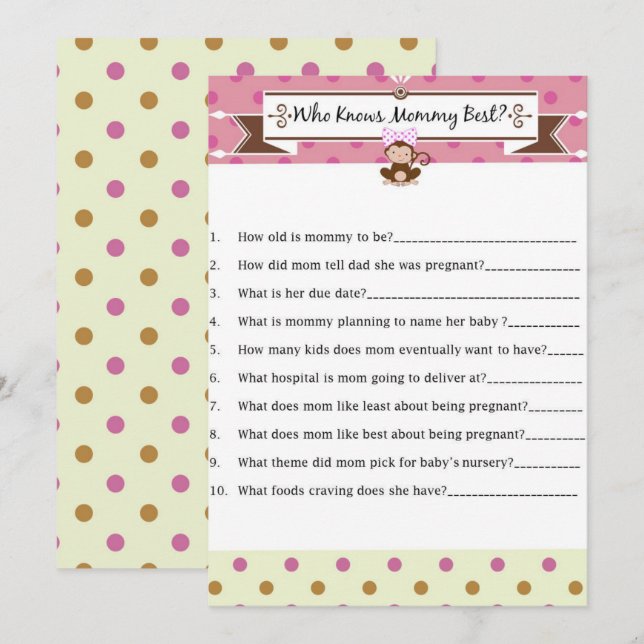 Monkey Girl Baby Shower Who Knows Mummy Best Game Invitation (Front/Back)