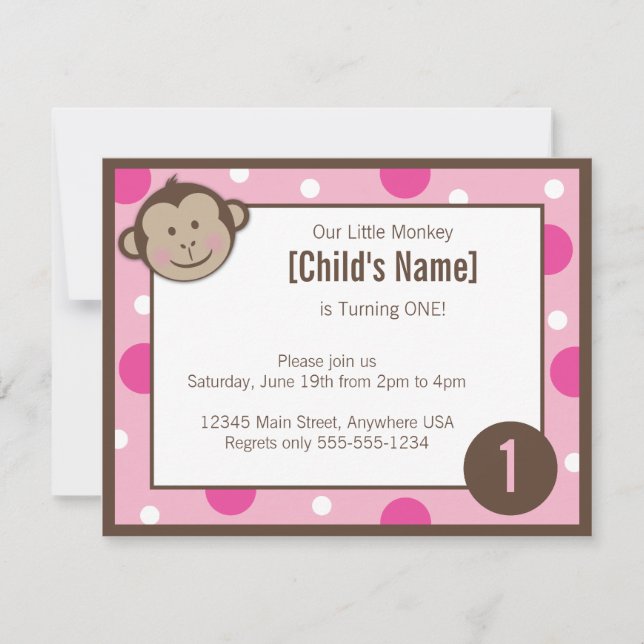 Monkey Girl Pink Birthday Invitation 4.25" x 5.5 (Front)
