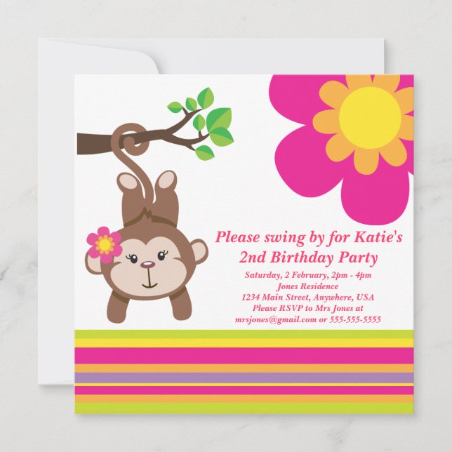 Monkey Girl (Pink) Birthday Party Invitation (Front)