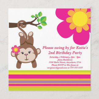 Monkey Girl (Pink) Birthday Party Invitation