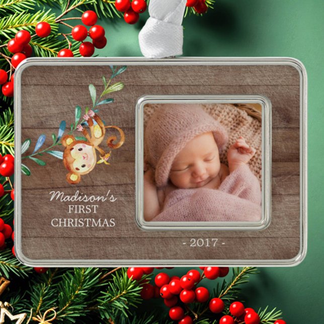 Monkey Girls Baby's First Christmas Photo Ornament (Creator Uploaded)