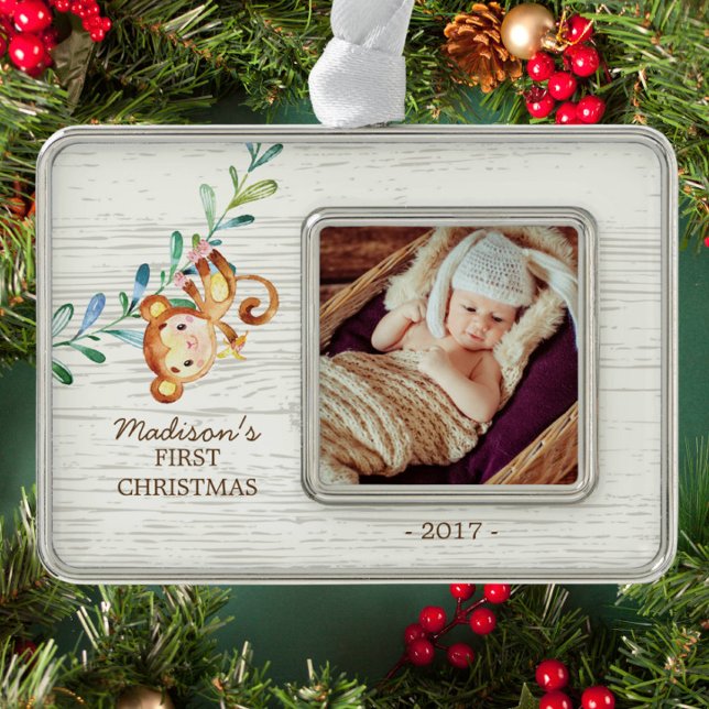 Monkey Girls Baby's First Christmas Photo Ornament (Creator Uploaded)