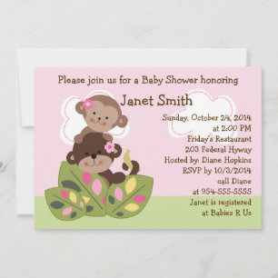 Monkey Girls Sisters Baby Shower Invitation