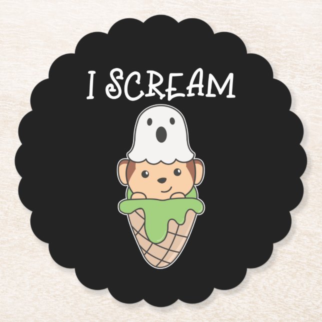 Monkey Halloween Ghost I Scream Ice Pun Paper Coaster (Front)