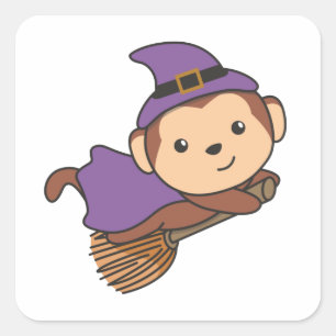 Monkey Halloween Witch Kids Witch Costume Square S Sticker