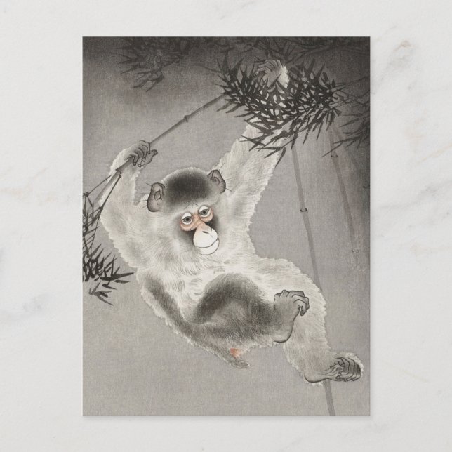 Monkey Hanging from Bamboo Branch by Ohara Koson Postcard (Front)