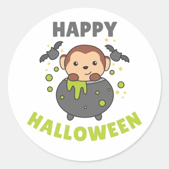 Monkey Happy Halloween Cauldron Bat Classic Round  Sticker (Front)