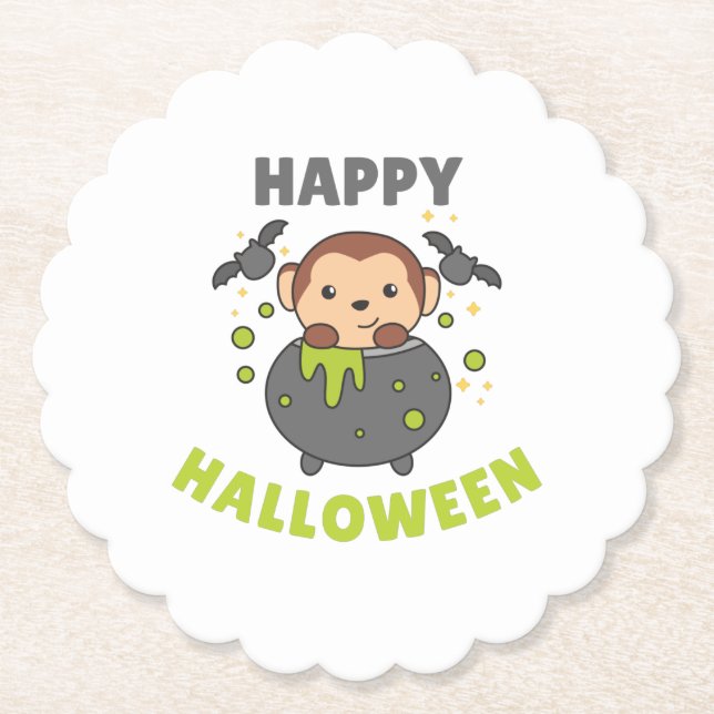 Monkey Happy Halloween Cauldron Bat Paper Coaster (Front)