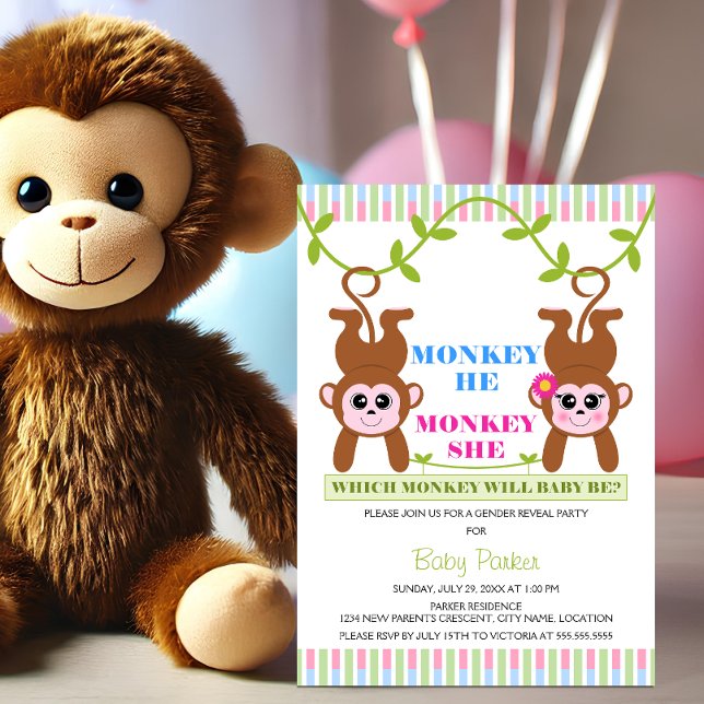 Monkey He Monkey She Gender Reveal Party Invitation (Cute monkey he and she gender reveal party invitation.)