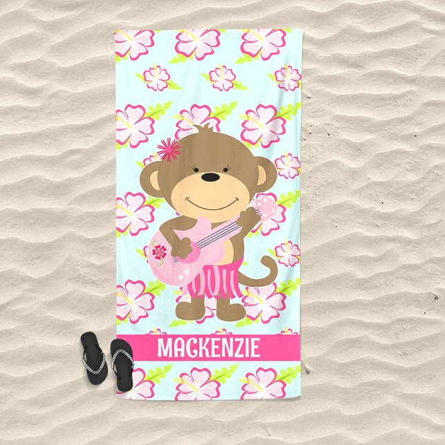 Monkey Hibiscus Ukelele Cute  Beach Towel (Hula Monkey with Ukelele Pink Tropical Beach Towel)