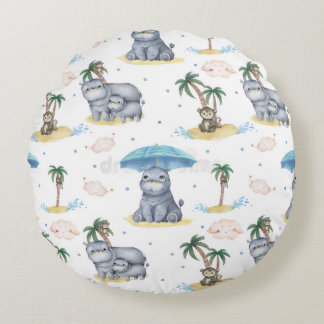  “Monkey-Hippos” All-Over Pint  Round Cushion