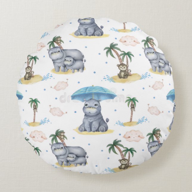  “Monkey-Hippos” All-Over Pint  Round Cushion (Front)