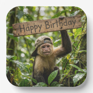 Monkey Holding a Happy Birthday Sign Paper Plate