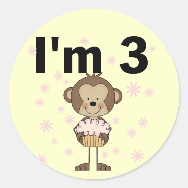 Monkey I'm 3 Birthday Tshirts and Gifts Classic Round Sticker (Front)