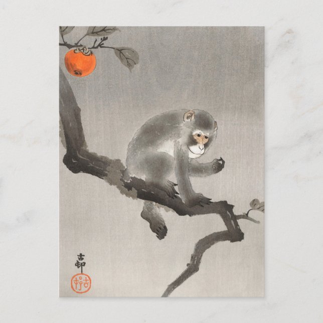 Monkey in Cockatoo Painting by Ohara Koson Postcard (Front)