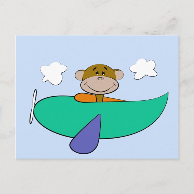 Monkey in Colourful Aeroplane Birthday Postcard (Front)